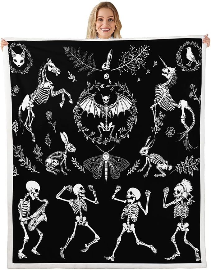 Sugar Skull Blanket Skeleton Bones Throw Blanket for Bed Couch,Gothic Moth Decor Fleece Blanket Baby Size Magic Unicorn Rabbit Skulls Sherpa Blanket,Halloween Horror Blanket Black White Bedroom Decor - sugar skull throw blanket