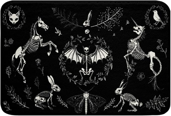 Sugar Skull Bath Mat Skeleton Bones Non Slip Absorbent Bath Rugs,Gothic Moth Decor Super Cozy Microfiber Bathroom Rug 20x32 Magic Unicorn Rabbit Skulls Floor Mat,Halloween Horror Door Mat,Black White - sugar skull floor mat