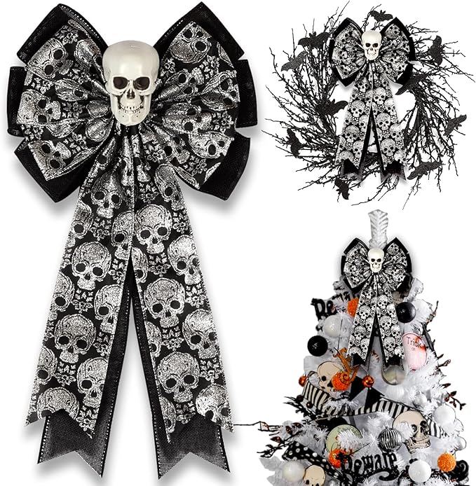 Skull Gothic Decor,Halloween Bows for Wreaths Decorations, Halloween Tree Topper Bow, Decorative Bow with Skull Glitter Silver Black Burlap for Fall Home Front Door Outdoor - sugar skull christmas decorations