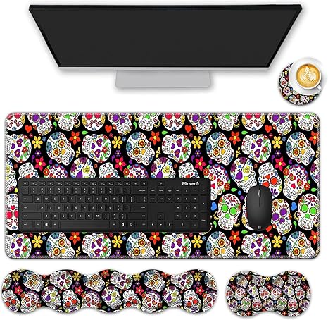 Mouse Pad Set,(31.5×11.8 in) Desk Pad + Keyboard Wrist Rest Support + Mouse Wrist Rest + Coaster for Office,Home,Computer,Laptop - 4 Sugar Skull - sugar skull coasters set