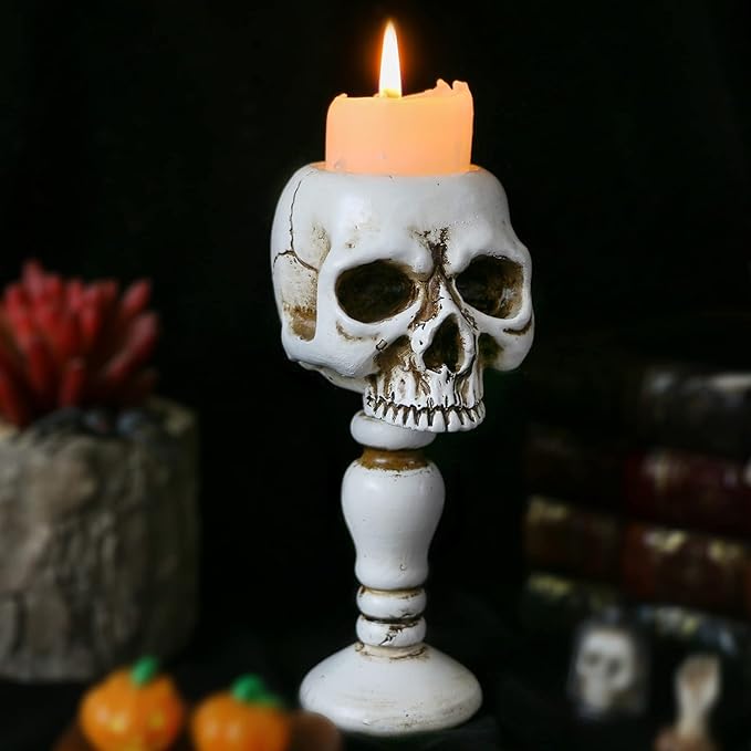 Skull Candle Holder - Gothic Tabletop Cranium Skeleton Head Candlestick Retro Spooky Desktop Tealight Cup Horrible Home Office Bar Party Graveyard Decor - sugar skull candle holder