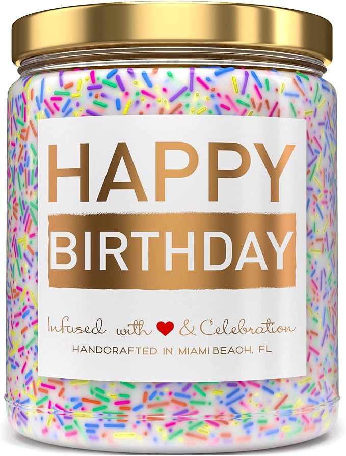 Happy Birthday Candle - Vanilla Birthday Cake Scent with Sprinkles Cute Birthday Gifts for Women Ideas, Made in USA, 9 oz - Cool Unique Bday Gift for Her, Best Friend, Men - sugar skull candle holder