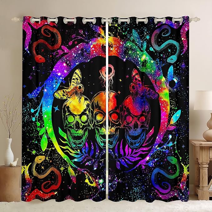 Erosebridal Sugar Skull Curtains Rainbow Tie Dye Blackout Curtains Snake and Moth Curtains & Drapes 104Wx84L,Trippy Skeleton Curtains Mandala Sun Moon Window Drapes Black Luxury Halloween Decorations - sugar skull area rug