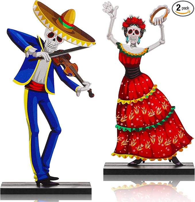2 Pieces Day of the Dead Centerpiece Wooden Sugar Skull Signs Dancing Couple Sugar Skull Decor Day of the Dead Decor Mexican Dia De Los Muertos Decorations for Table Halloween Party (Skull Style) - sugar skull christmas decorations