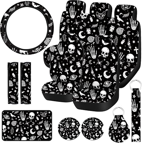 15 Pieces Moon and Stars Car Seat Cover Full Set for Women Men Upgrade Thick Car Front Seat Covers Universal Steering Wheel Cover Separate Headrest Cover Seat Belt Pads(Skeleton Cat Pattern) - sugar skull car seat covers set