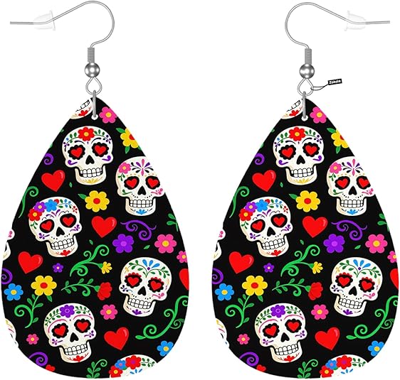 Zokola Day Of The Dead Leather Drop Earrings Set, Mexican Sugar Skull Flowers Black Lightweight Teardrop Earrings Leather Dangle Earrings For Women Friends Wedding Jewelry - sugar skull plates set