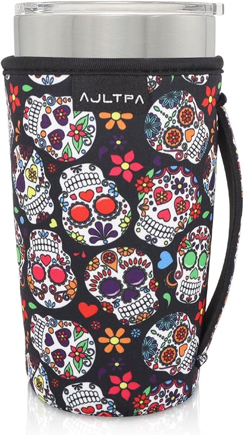 Neoprene Insulated Sleeves Cup Holder with Handle for 20oz Tumbler Cups, Reusable Iced Coffee Sleeve For 30oz - 32oz coffee cups(Floral Sugar Skull) - sugar skull tumbler with straw