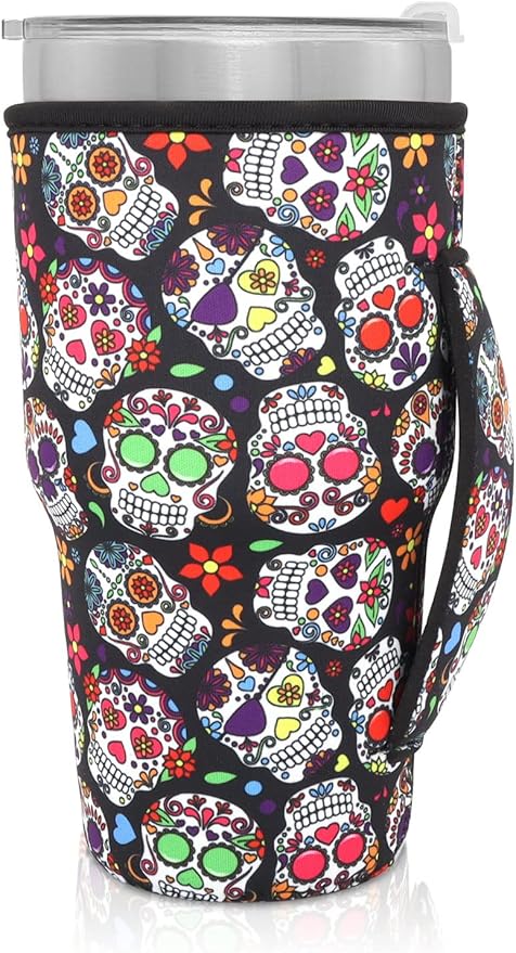 Reusable Iced Coffee Cup Sleeve Neoprene Insulated Sleeves Cup Holder with handle Idea for 30oz - 32oz Tumbler Cups, Protein Shake Bottles(Only Cup Sleeves)(Floral Sugar Skull) - sugar skull coffee cup