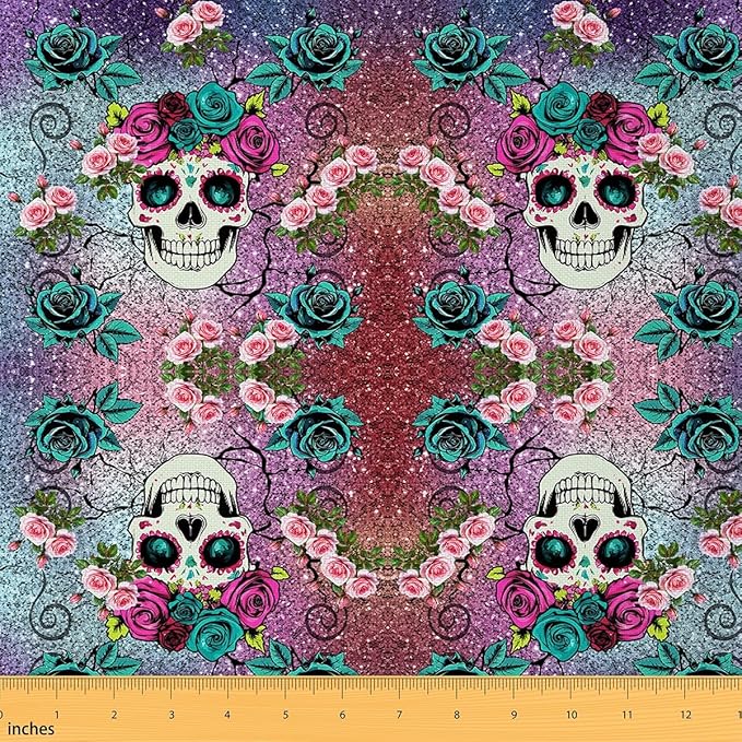 Feelyou Sugar Skull Upholstery Fabric for Chairs, Rose Skull Skeleton Fabric by The Yard, Bohemian Exotic Style Gothic Bones Floral Decorative Fabric for Upholstery and Home DIY Projects, 1 Yard - sugar skull apron for women