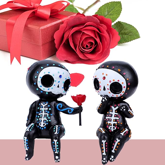 Sugar Skull Couple Figurine Decor, Statue Kit, Resin Crafts Cute Skeleton Memorial Sculpture, Halloween Home Decor Collectible Figurines, Gifts for Women - sugar skull figurine collectible