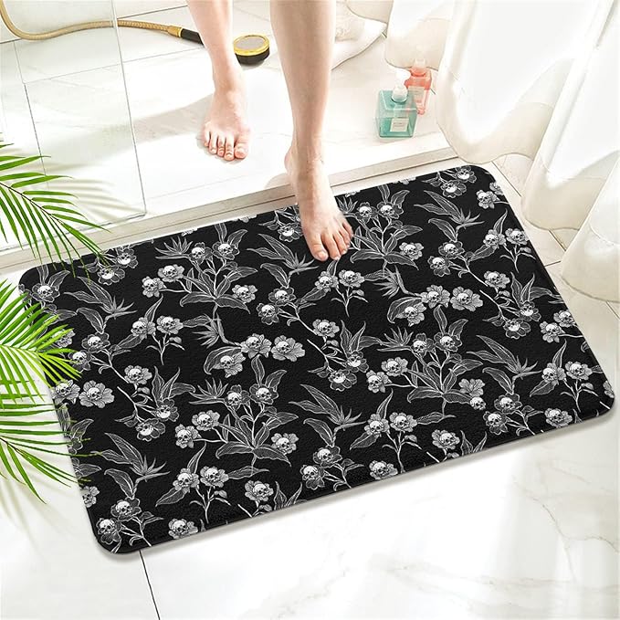 Skull Rose Goth Imitation Cashmere Bathroom Mat Rug- Rubber Non-Slip Super Absorbent Soft Thin Bathroom Rug for Tub Shower Sinks (17" W x 27" L) - sugar skull area rug
