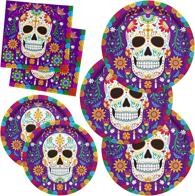 Gatherfun Day of the Dead Party Supplies Kit Serve 50, Includes Sugar Skull Dinner Plates, Dessert Plates, Napkins,Dia De Los Muertos Party Decorations - sugar skull plates set
