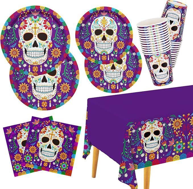 Day of the Dead Party Supplies Kit Serve 25, Includes Disposable Sugar Skull Dinner Plates, Dessert Plates, Napkins, Cups and Tablecloth, Día de los Muertos Party Decorations - sugar skull plates set