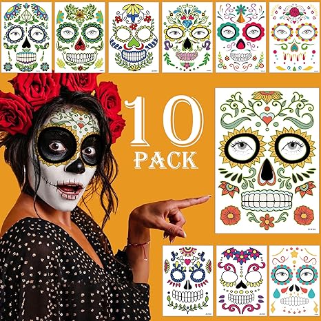 Day of the Dead Face Tattoos Makeup Kit, 10 Pack Halloween Sugar Skull Red Roses Temporary Tattoos for Adults Women Men Kids, DIY Skull Full Face Mask Stickers for Halloween Party Cosplay Supplies - sugar skull flower crown