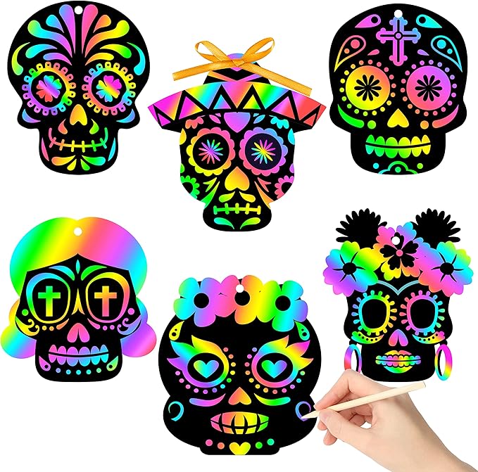 WATINC 60pcs Day of The Dead Skull Scratch Cards Art Hanging Ornaments, DIY Sugar Skull Color Card Craft Kit for Dia De Los Muertos Halloween School Party Supplies Decorations for Kids Adults - sugar skull christmas ornament