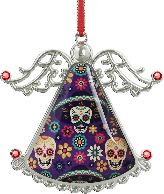 XUTAI Angel Christmas Tree Ornaments Sugar Skulls Flowers on Dark Glass Hanging Angel Glass Pendant for Holiday Decoration - sugar skull christmas ornament