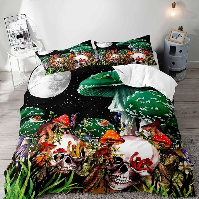 LUVIVIHOME 3PCS Teal Mushroom Bedding, Sugar Skull Duvet Cover Queen Bedding, Black Galaxy Moon Skeleton Wildflower Botanical Plant Fungus Aesthetic Green Mushroom Comforter Quilt Cover 2 Pillow Shams - sugar skull bedding set