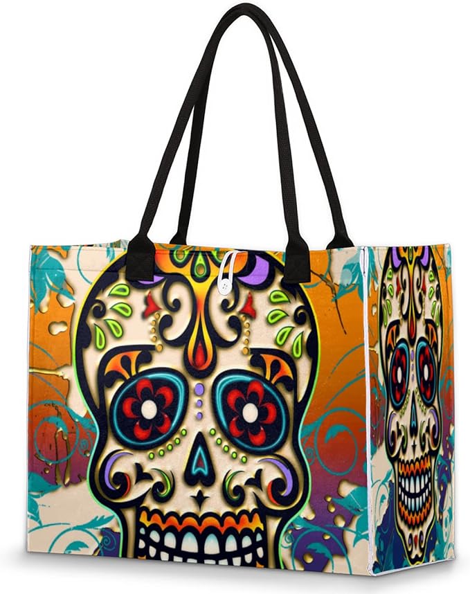 Beach Tote Bag Mexico Day Of The Dead Sugar Skull Large Travel Bag Utility Tote Bag Women Shoulder Bag Reusable Grocery Bag with Zipper Pouch for Travel Shopping Work School - sugar skull handbags for sale