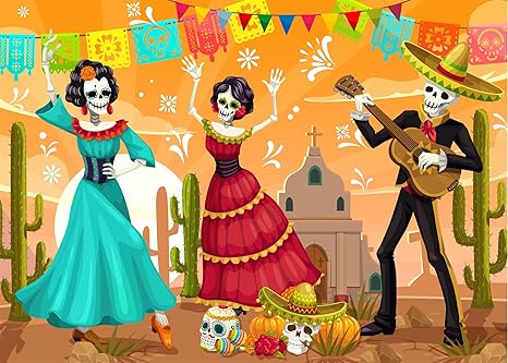 BELECO Dancing Day of The Dead Backdrop Fabric 7x5ft Mexican Fiesta Sugar Skull Flowers Desert Castle Cactus Background Dia DE Los Muertos Dress-up Birthday Party Supplies Banner Decor Photo Props - sugar skull poster print