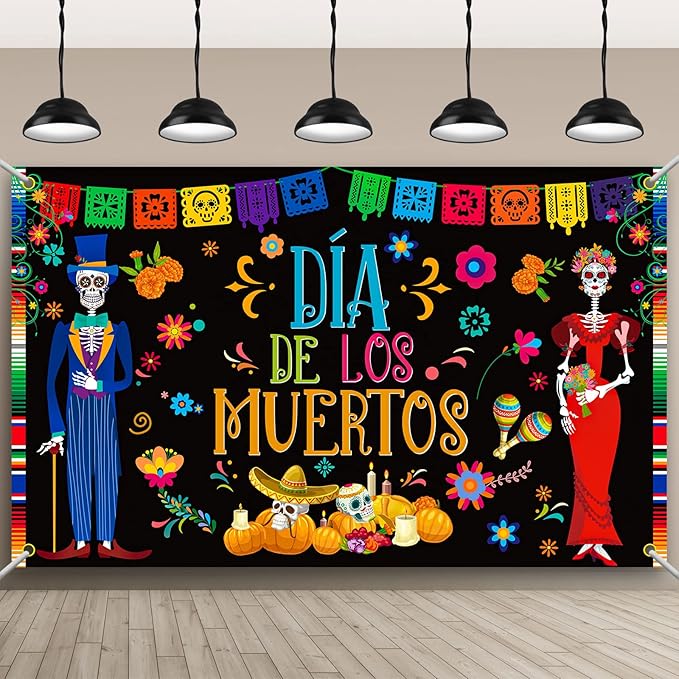 5.9 x 3.6 Feet Day of the Dead Banner Backdrop Fabric Dia De Los Muertos Decor with Mexican Fiesta Sugar Skull and Colorful Flowers Patterns and 19.7 Feet Rope for Halloween Birthday Party Decorations - sugar skull candle holder