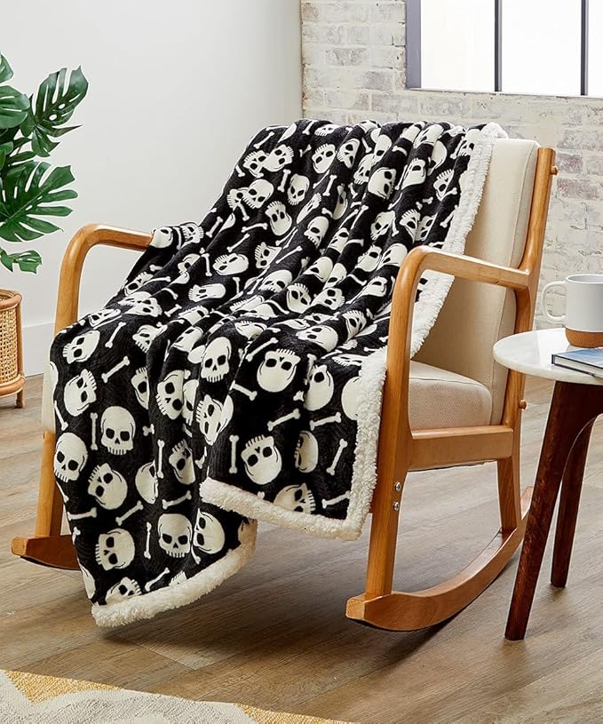 Halloween Throw Blanket 50" x 60" | Ultra Soft Microplush Halloween Fleece Blanket for Couch, Travel, Home Decor & Gift | Machine Washable, Lightweight | Skull & Bones Sherpa - sugar skull throw blanket