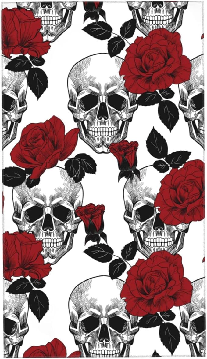 VARUN Sugar Skull Long Hand Towels Vintage Red Roses Flowers Romantic Gothic Style Aesthetic Art Design Ultra Soft Towel Absorbent Luxury Towels for Bathroom Hotel Gym and Spa 27.5x15.7in - sugar skull beach towel