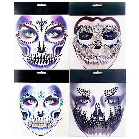 4 Pcs Halloween Face Gems Jewels Day of The Dead Sugar Skull Temporary Stickers Women Rhinestone Masquerade Face Crystal Tattoos Skeleton Scary Makeup Cosplay Costume Holiday Festival Party Supplies - sugar skull temporary tattoo