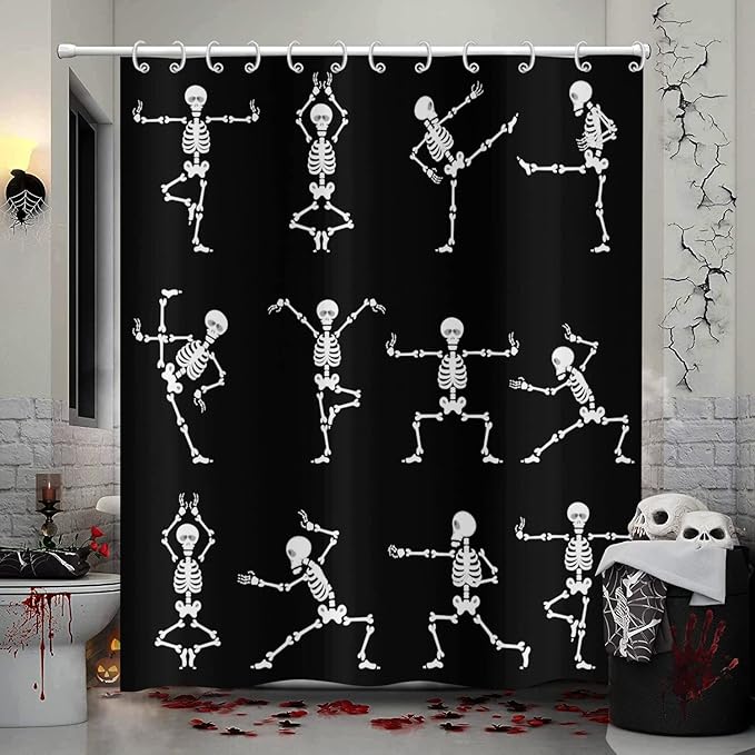Halloween Shower Curtain, Cartoon Funny Skull Skeleton Dancing Bathroom Curtain Halloween Party Retro Bath Curtain Waterproof Fabric Machine Washable with 12 Hooks, 72"X72" - sugar skull shower curtain set