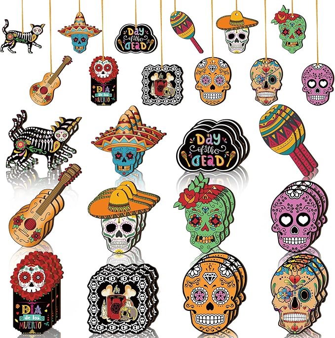 36 Pieces Day of The Dead Sugar Skull Halloween Wooden Ornaments Ghost Hanging Outdoor Skeleton Cats Wood Decorations for Mexican Halloween Party Indoor Patio Lawn Decor(Skull Style) - sugar skull christmas ornament