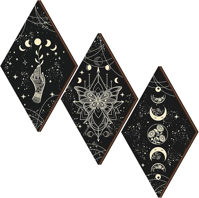 Ferraycle 3 Pcs Rustic Boho Wall Decor Moon Phases Butterfly Wall Art Stars Moon Decor Minimalist Room Decoration Wooden Gothic Witchy Pediments Hanging Sign for Home(6.7 x 11.8 Inch,Black, Gold) - sugar skull canvas wall art