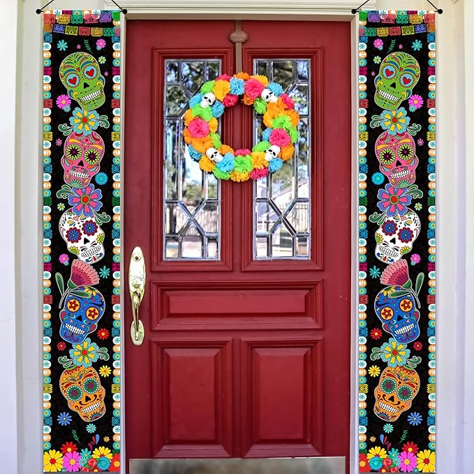 Dia De Los Muertos Porch Banner Sugar Skull Day of the Dead Party Outdoor Indoor Front Porch Wall Yard Fireplace Halloween Mexican Theme Party Decor and Supplies for Home - sugar skull wreath for front door