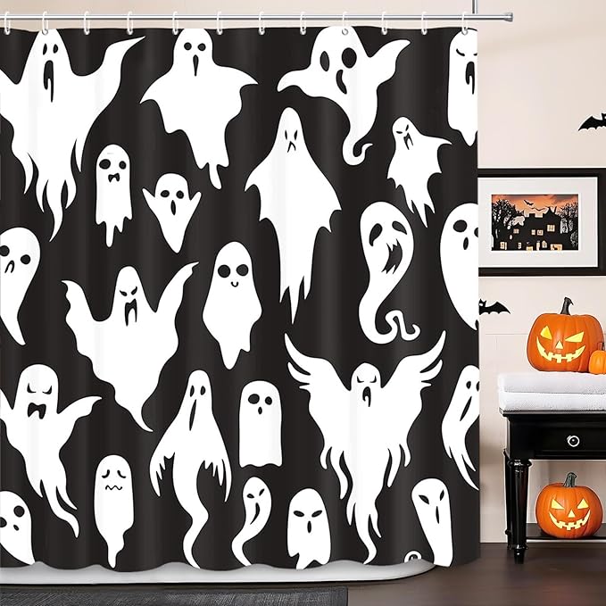 MEHOFOND Halloween Ghost Shower Curtain Halloween Spooky Bathroom Curtain Cute Funny Cartoon Ghosts Icons Black and White Decor Washable Durable Fabric Bathroom Curtains 72x72 in - sugar skull shower curtain set