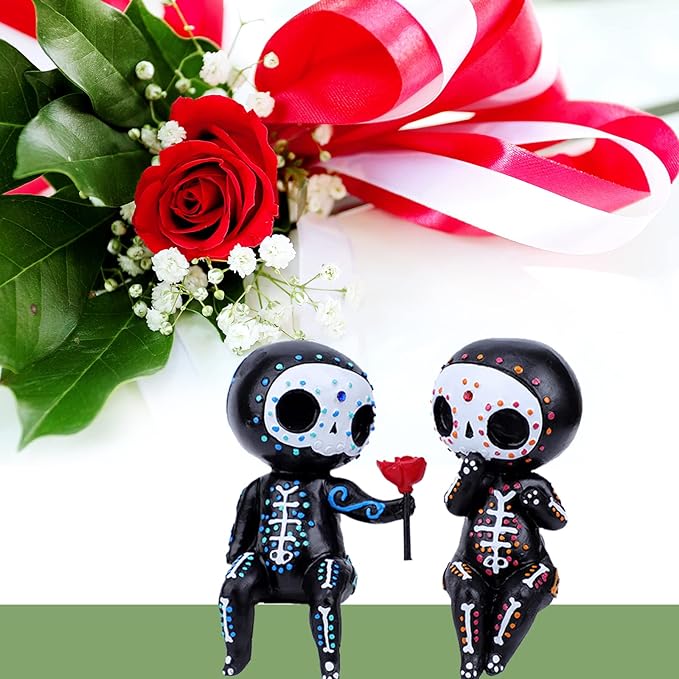 Cute Sugar Skull Couple Statue - Resin Crafts Skeleton Memorial Sculpture, Halloween Home Decor Collectible Figurines, Perfect Sugar Skull Gifts for Women - sugar skull christmas decorations