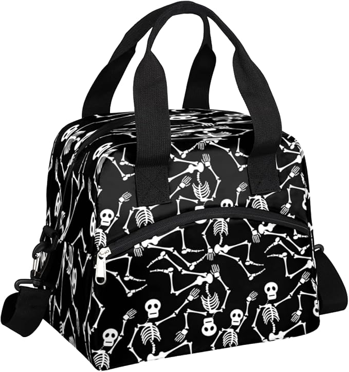 Funny Sugar Skull Dance Insulated Lunch Bag for Women Girl Lunch Box with Shoulder Strap Tote Bag Reusable Large Capacity Thermal Cooler Meal Prep Bag for School Work Travel Picnic - canvas sugar skull tote bag