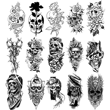 Halloween Temporary Tattoo, 15-Sheet Black Skull Rose Flower Tattoos Temporary Realistic, Waterproof Girls Tattoos Temporary for Kids Adult - sugar skull temporary tattoo