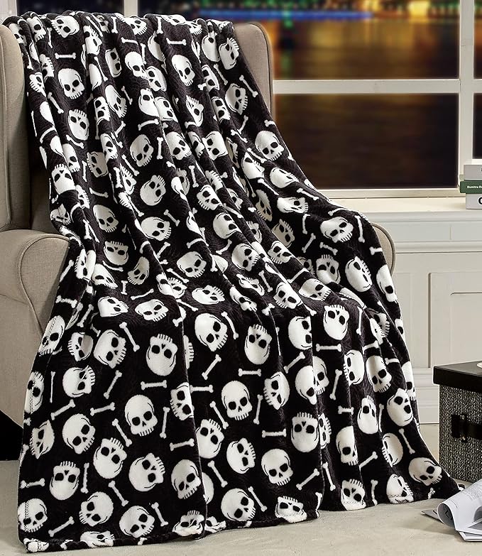Elegant Comfort Lightweight Throw Blanket- Halloween Themed, Soft, Cozy and Plush- Perfect for Lounging This Spooky Season, 50 x 60 inches, Skull & Bones - sugar skull throw blanket