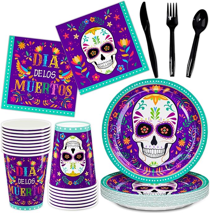 DYLIVeS Day of the Dead Party Supplies, Dia de Los Muertos Plates and Napkins Cups Cutlery Sugar Skull Disposable Dinnerware for Mexican Fiesta Carnival Halloween Party Decorations, Serve 24，144 Pcs - sugar skull plates set