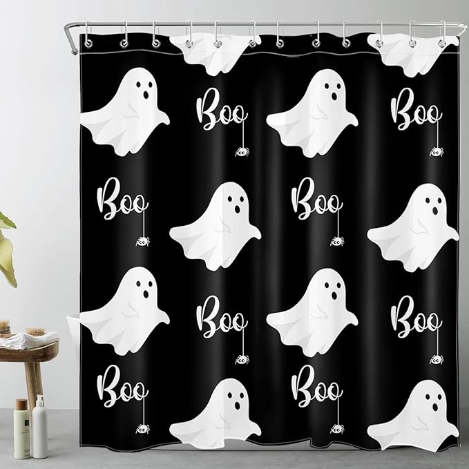 Spooky Halloween Shower Curtain Decor, Gothic Horror Halloween Black and White Ghost Shower Curtains 72X72 inch Polyester Fabric Bathroom Decoration Bath Curtains Hooks Included - sugar skull shower curtain set
