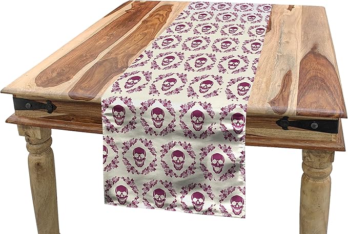 Ambesonne Sugar Skull Table Runner, Monochrome Style Calavera Inspired Surround by Circular Floral Wreath Print, Rectangle Scarf for Dining Room Kitchen Table Setting Decor, 14" x 72", Fuchsia Cream - sugar skull wreath for front door