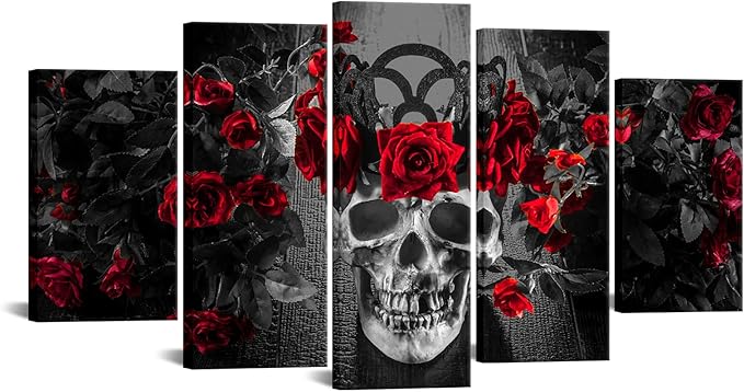 Conipit Large Red Black Gothic Wall Paintings Rose Skull Pictures Day Of The Dead Canvas Wal Art Skeleton Artwork Prints Bedroom Living Room Wall Decor Framed - 60"X32" - sugar skull canvas wall art