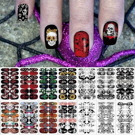 14 Sheets Halloween Nail Wraps Full Stickers Gothic Nail Polish Strips DIY Self-Adhesive Nail Art Decals Ghost Skull Demon Pattern with 2 Piece Nail Files for Party Decor (196 Pieces) - sugar skull nail art