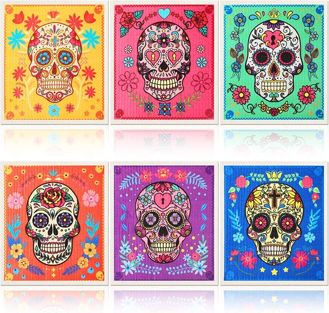 Ritteri 6-Piece Day of the Dead Sugar Skull Sweet Scandinavian Dish Towels Reusable Sponge Cloths for Home Halloween Party Supplies - sugar skull apron for women