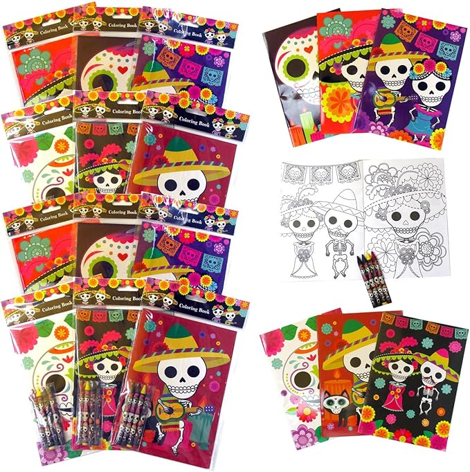 TINYMILLS Day of the Dead Coloring Books for Kids – 12 Mini Activity Books with 48 Crayons | Sugar Skull Día de los Muertos Party Favors, Halloween Goodie Bag Fillers, Non-Candy Classroom Prizes - sugar skull candle holder