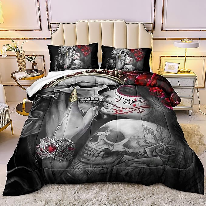 DYcolor 3D Red Flowers Girl Sugar Kiss Skull Printed Quilt, 3-Piece Gothic Crown Skull Skeleton Comforter Set with 1 Comforter and 2 Pillow Cases for Kids Women and Men (Queen) - sugar skull bedding set