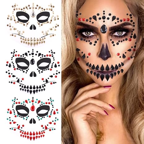 Halloween Face Jewels Temporary Tattoos Skull Horror Ghost Gems Rhinestone Fake Tattoos Acrylic Eyeshadow for Cosplay Party Supplies Day of the Dead Face Stickers 3 Sheet - sugar skull makeup kit