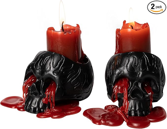 Skull Blood Candles 2 Pack - Bleeding Dripping Red Wax, Skeleton Reversing Skul Candle, Magic Skulls Candlestick Spooky Gothic Bar Decoration - 3.54 x 2.56 x 2.36-8 Hour Burn Time - Gute - sugar skull candle holder