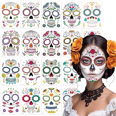 18 Pack Day of the Dead Face Tattoos, Sugar Skull Catrina Makeup Kit, Halloween Mask Temporary Tattoo Stickers, Skeleton Paint Dia de los Muertos Decorations, Accessories, Favors & Costumes - sugar skull flower crown