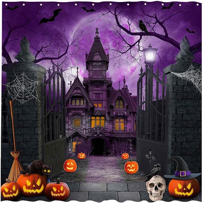 Allenjoy 72" x 72" Purple Halloween Shower Curtain for Bathroom Set Scary Night Moon Gothic Haunted House Pumpkin Courtyard Door Home Bath Bathtub Decor Durable Fabric Machine Washable - sugar skull shower curtain set