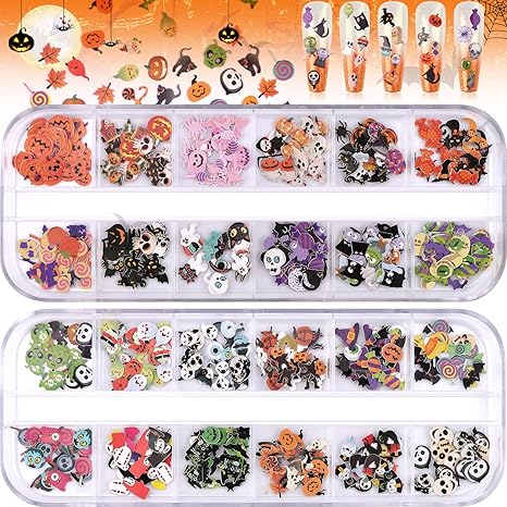 Kalolary Halloween Nail Art Sequins, 3D Skull Spider Pumpkin Bat Ghost Witch Stickers for Acrylic Nails, Halloween Wood Pulp Glitter Flakes for Nail Art Decorations - sugar skull nail art