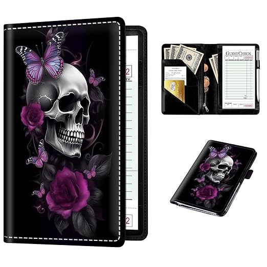 Server Books for Waitress Book,Leather Server Book with Zipper Pocket, Cute Serving Book Organizer Restaurant Guest Check Presenters for Waitress,Waiter, Bartender-Sugar Skull Butterlies Floral - sugar skull apron for women